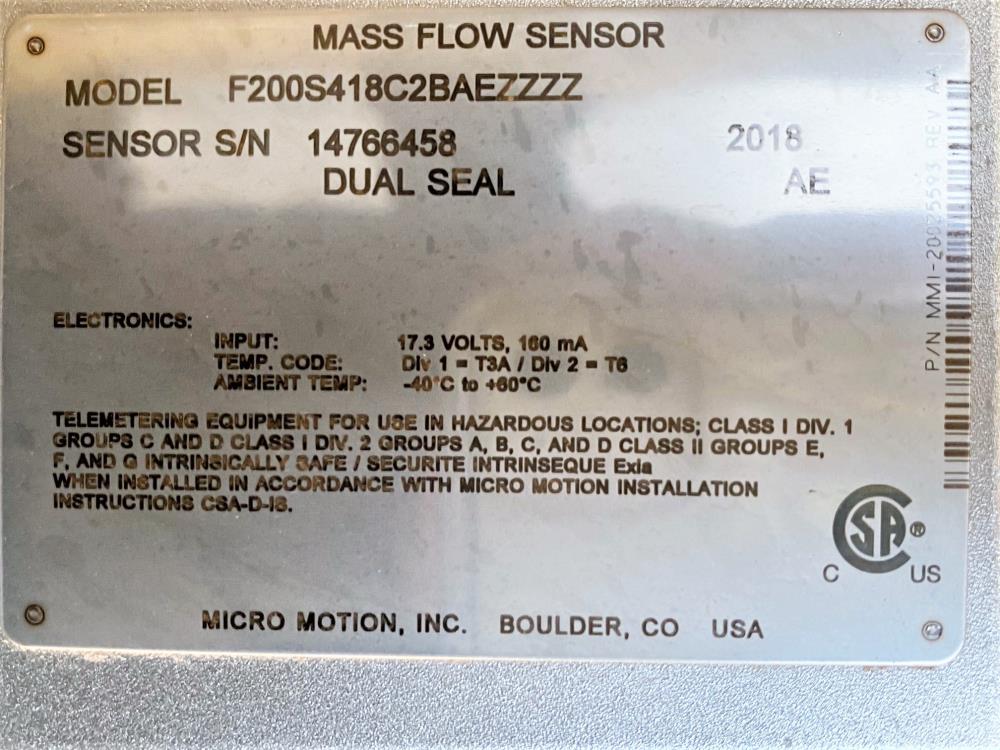 Micro Motion 2" x 1-1/2" 150# 316 Stainless Flow Meter F200S418C2BAEZZZZ (D)